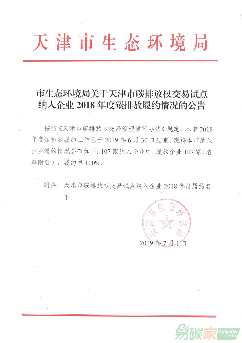 關(guān)于天津市碳排放權(quán)交易試點(diǎn)納入企業(yè)2018年度碳排放履約情況的公告